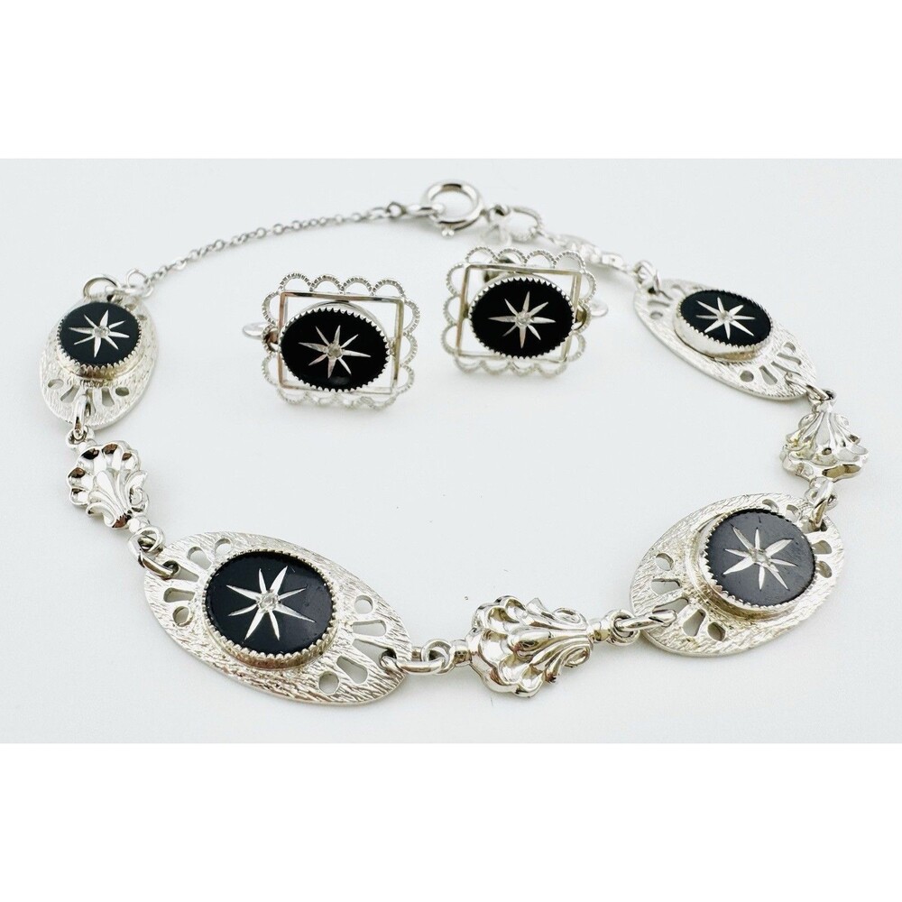 ACMO 14K GP Black Starburst Bracelet 9” and Screw Back Earrings Set Vintage